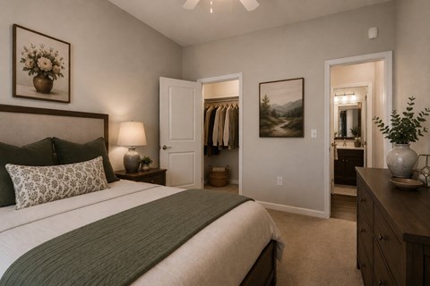 A bedroom with a large bed and a painting on the wall.