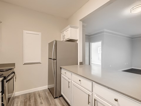 A kitchen with a refrigerator, oven, and cabinets.
