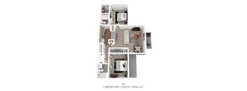 A floor plan of a 2 bedroom, 2 bath apartment with a total of 1054 square feet.
