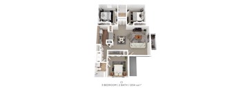 A 3 bedroom apartment with 2 bathrooms and a total area of 1204 sqft is displayed.