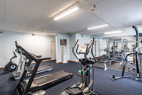 A gym with treadmills, weights, and other exercise equipment.