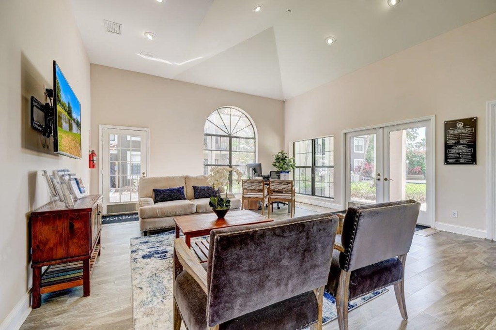 a living room with a couch and a table
