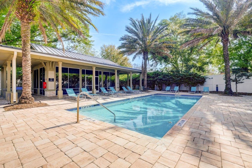 a resort style swimming pool with chaise lounge chairs and palm trees