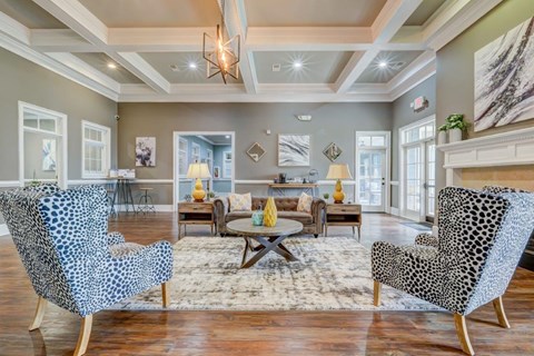 a view of a dining room with blue and white tables and chairs