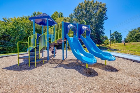 a playground with two slides at a park