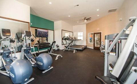 A gym with a variety of equipment including treadmills, exercise balls, and weight machines.