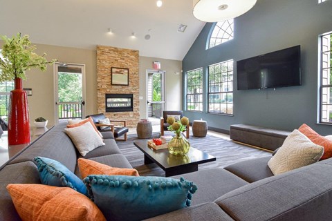 A living room with a grey couch and a fireplace.