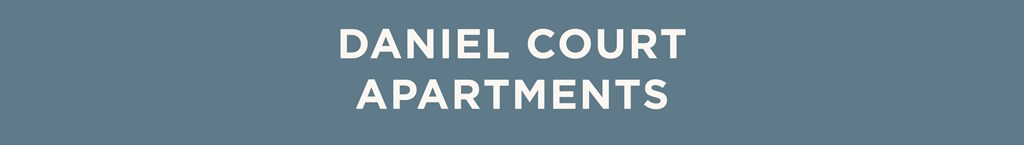 The image displays the text "DANIEL COURT APARTMENTS" in white letters on a blue background.