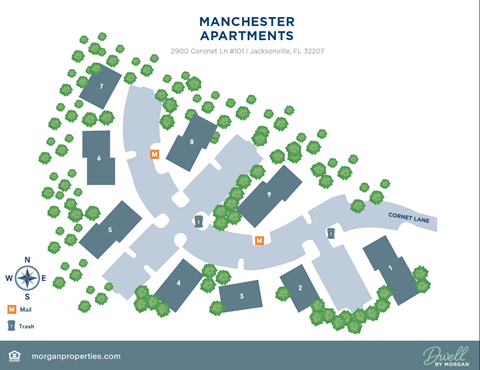 A map of Manchester Apartments showing the layout of the buildings and their surrounding trees.