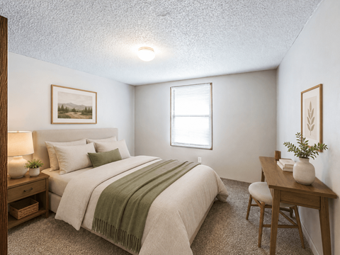 A bedroom with a bed, desk, and chair.