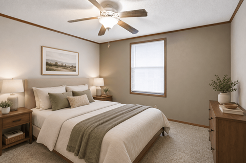 A bedroom with a bed, nightstands, and a ceiling fan.