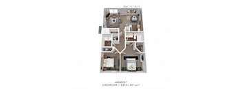 3D diagram of 2 bed 1 bath 901 sqft floor plan