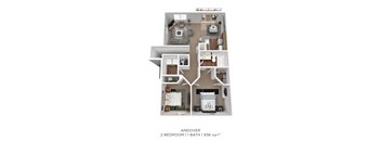 3D diagram of 2 bed 1 bath 936 sqft floor plan