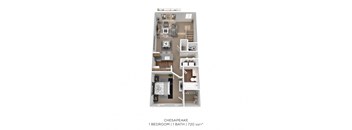 3D diagram of 1 bed 1 bath 720 sqft floor plan