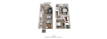 3D diagram 2 bed 1.5 bath 960 sqft floor plan