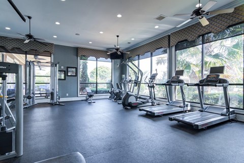 a gym with cardio equipment and windows in a building