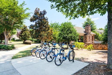 a group of bikes parked in a row on a sidewalk