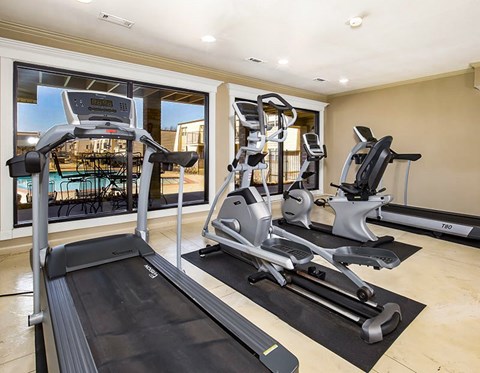 A home gym with treadmills, elliptical machines, and a stationary bike.