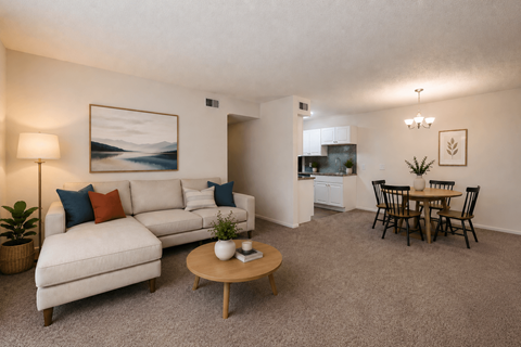 A living room with a white couch, a coffee table, and a painting on the wall.