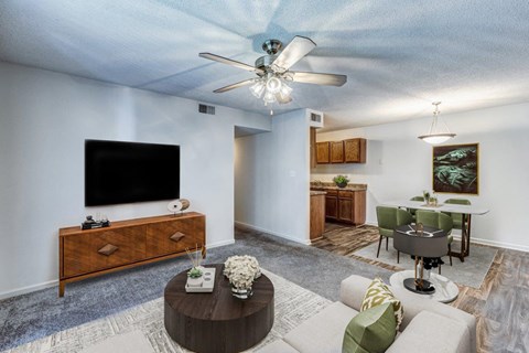 A living room with a television, a coffee table, and a dining table.