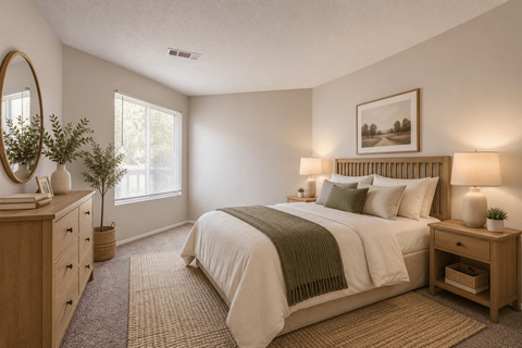 A bedroom with a large bed, a dresser, and a window.