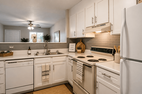 A kitchen with white appliances and cabinets.