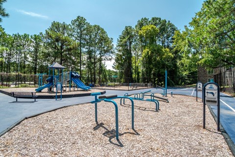 A playground with a slide, swings, and a play structure surrounded by trees.
