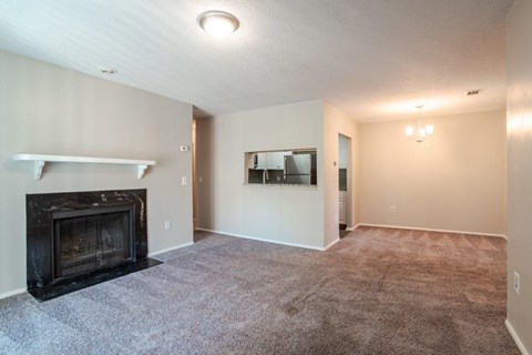 A living room with a fireplace and a flat screen TV mounted on the wall.