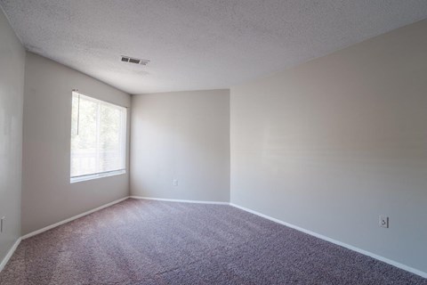 A room with a window and carpeted floor.