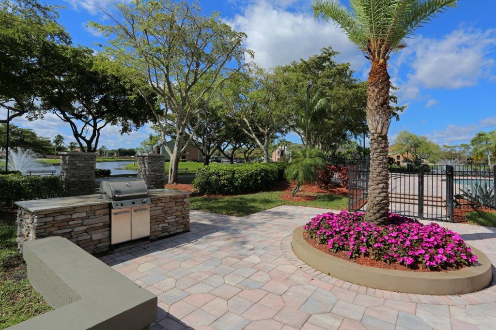 A patio area with a palm tree and a fireplace.