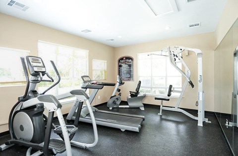 A gym with a treadmill, elliptical trainer, and a weight machine.