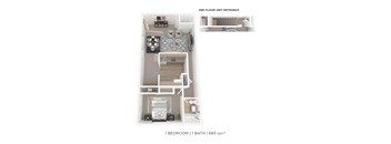 A floor plan of a 2nd floor unit entrance with one bedroom and one bath.