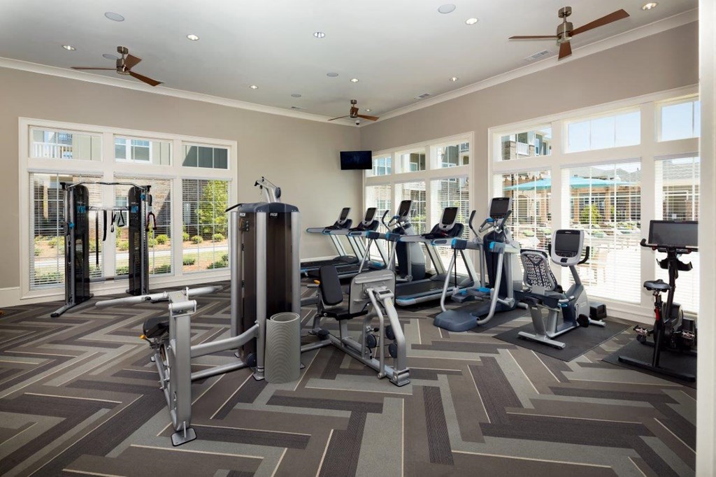 a gym with a lot of cardio equipment and windows