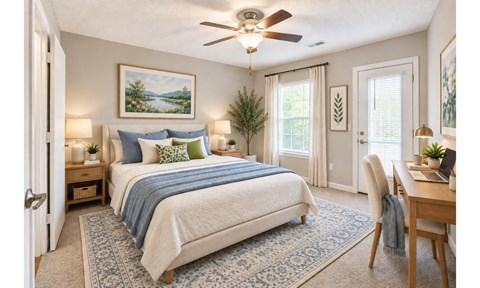A bedroom with a bed, a desk, and a ceiling fan.