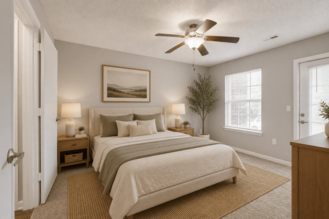 A bedroom with a large bed and a ceiling fan.