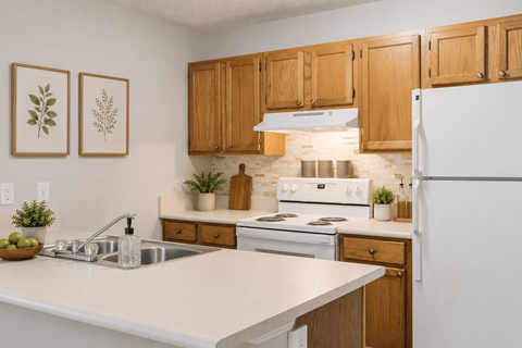 A kitchen with a white fridge, white stove, and wooden cabinets.