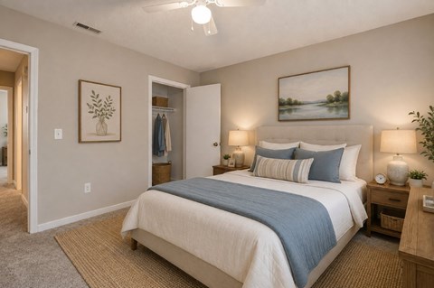 A bedroom with a large bed and a painting on the wall.