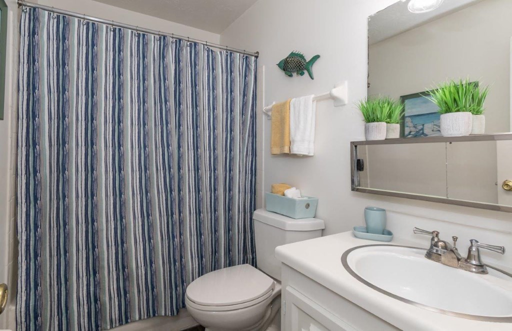a bathroom with a shower curtain and a toilet and a sink
