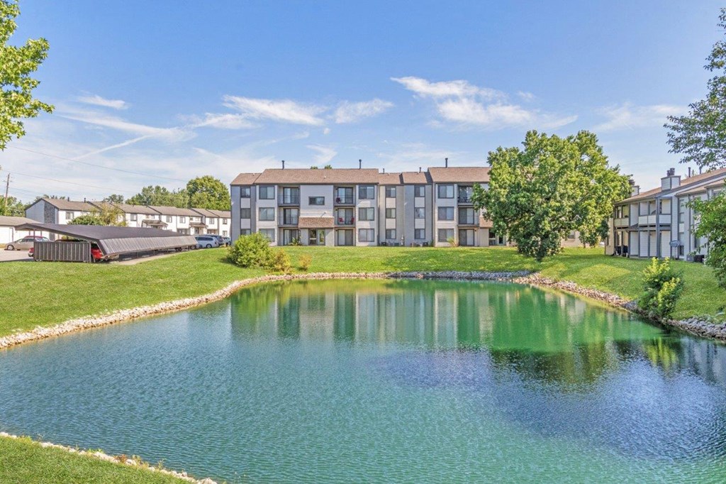 a pond with a building in the background