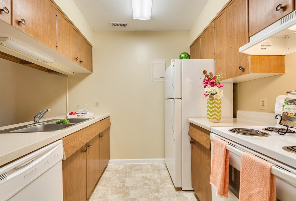 A kitchen with a white fridge and a white dishwasher.