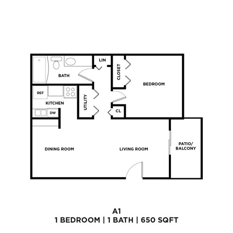 A black and white image of a floor plan for a 1 bedroom, 1 bathroom apartment.