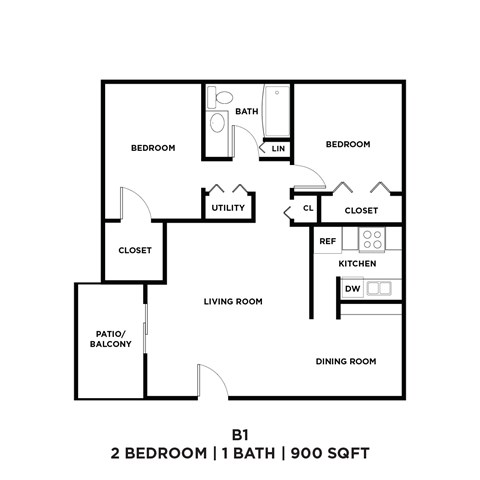 A black and white image of a floor plan for a 2 bedroom apartment with 1 bath.