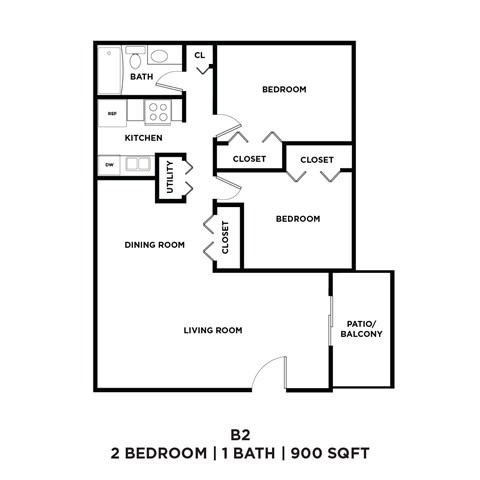 A black and white image of a floor plan for a 2 bedroom, 1 bathroom apartment.