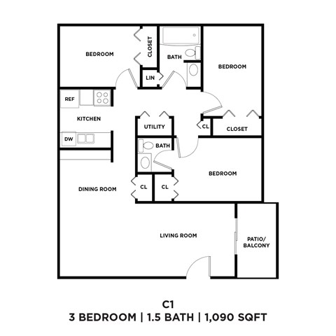 A black and white image of a floor plan for a 3 bedroom, 1.5 bath, 1,090 sqft home.