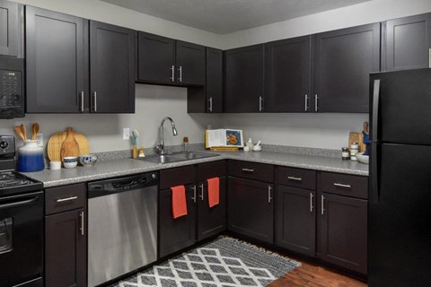 A kitchen with black cabinets and a black refrigerator.