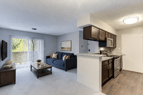 A living room with a couch, a coffee table, and a kitchen area.