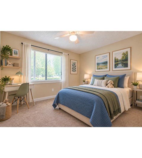 A bedroom with a bed, desk, and window.