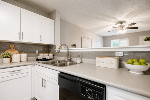 A modern kitchen with white cabinets and a black dishwasher.