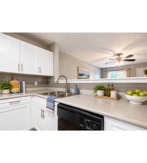 A kitchen with white cabinets and a black dishwasher.