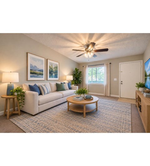 A living room with a white couch, a coffee table, and a ceiling fan.